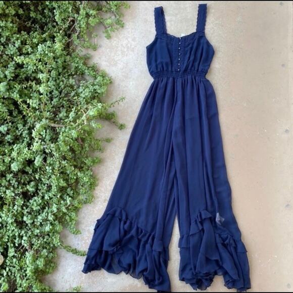NEW FREE PEOPLE FP Blue Bells & Ruffles Tank Top Sheer Jumpsuit Flares Shorts XS - Picture 11 of 15
